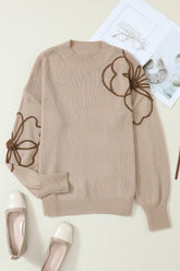 Floral Round Neck Drop Shoulder Sweater Dust Storm OutfitFlow
