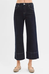 RISEN Tummy Control High Rise Crop Wide Seam Detailed Jeans SOLID DARK OutfitFlow