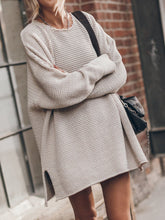 Openwork Round Neck Long Sleeve Slit Sweater Beige OutfitFlow
