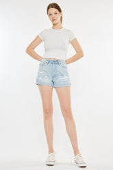 Kancan High Rise Repaired Mom Denim Shorts Light OutfitFlow
