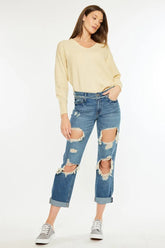 Kancan Distressed Mid Rise True Boyfriend Jeans MEDIUM OutfitFlow