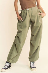 Davi & Dani Drawstring Baggy Pants with Pockets Olive Green OutfitFlow