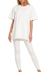 Zenana Cotton Round Neck Top & Legging Set WHITE OutfitFlow