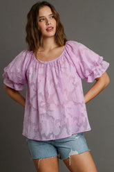 Umgee Full Size Jacquard Round Neck Ruffled Puff Sleeve Blouse Plus Size Pink Purple OutfitFlow