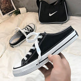 Round Toe Lace-Up Canvas Sneakers Black OutfitFlow