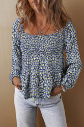 Floral Smocked Square Neck Blouse Dusty Blue OutfitFlow