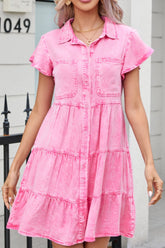 Collared Neck Button Down Mini Denim Dress Pink OutfitFlow