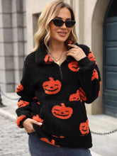 Jack-O'-Lantern Half Zip Long Sleeve Sweatshirt Black OutfitFlow
