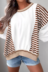 Stripe Colorblock Patchwork Contrast Stitching Sweatshirt White OutfitFlow