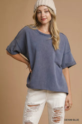 Umgee Mineral Wash Round Neck Top DENIM BLUE OutfitFlow