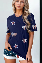 Sequin Star Round Neck Short Sleeve T-Shirt Navy OutfitFlow