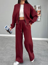 Baseball Collar Zip Up Outerwear and Drawstring Pants Set Burgundy OutfitFlow