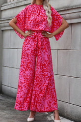 Leopard Belted Wide Leg Jumpsuit Hot Pink OutfitFlow