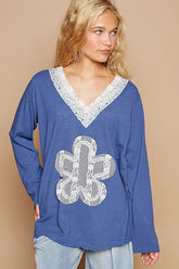 POL Lace Flower Patch Long Sleeve T-Shirt Royal Blue OutfitFlow