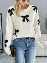 Perfee Bow Graphic Round Neck Long Sleeve Sweater Cream OutfitFlow