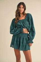MABLE Embroidered Scalloped Lace Top and Short Set Teal OutfitFlow