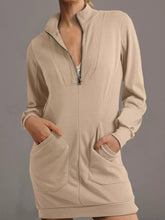 Zip Up Collared Ribbed Patchwork Sweatshirt Dress with Pockets Khaki OutfitFlow