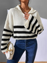 Striped Half Zip Cropped Sweater White OutfitFlow