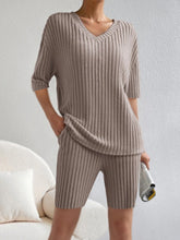 Ribbed V-Neck Top and Shorts Set Mocha OutfitFlow