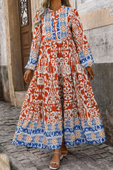 Printed Notched Long Sleeve Maxi Dress Orange OutfitFlow