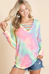 BiBi Tie Dye French Terry V-Neck Top with Strapped PASTEL TIE DYE OutfitFlow