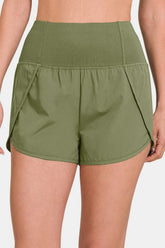Zenana High-Waisted Zippered Back Pocket Active Shorts Lt Olive OutfitFlow