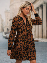 Leopard Tie Neck Long Sleeve Dress Brown OutfitFlow