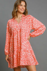 Umgee Full Size Two Tone Print Balloon Sleeve Tiered Dress Plus Size CORAL MIX OutfitFlow