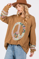 SAGE + FIG Peace Applique Patch Long Sleeve Top Bronze OutfitFlow