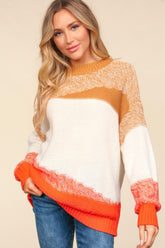 Haptics Color Block Long Sleeve Sweater Camel Ivory Orange OutfitFlow