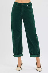 RISEN High Rise Crop Barrel Cordurory Pants HUNTER GREEN OutfitFlow