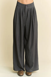Davi & Dani Solid Back Pocket Shirring Detail Wide Leg Pants GREY OutfitFlow