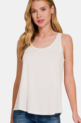 Zenana Round Neck Flowy Hem Tank Ivory OutfitFlow