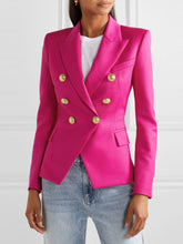 Lapel Collar Long Sleeve Blazer Hot Pink OutfitFlow