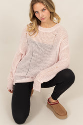 HYFVE Distressed Long Sleeve Knit Top Pale Pink OutfitFlow