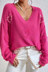 Pearl Trim Heart V-Neck Sweater Hot Pink OutfitFlow
