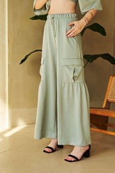 Davi & Dani Drawstring Ruched Detail Wide Leg Pants Sage OutfitFlow