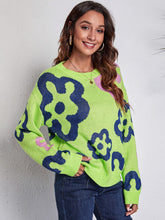 Flower Pattern Round Neck Long Sleeve Sweater Light Green OutfitFlow