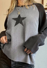 Star Round Neck Raglan Sleeve Top Gray OutfitFlow