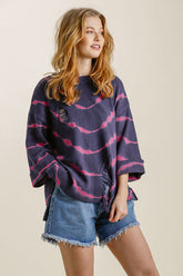 Umgee Full Size Tie Dye Side Slit Round Neck Distressed Detail Sweater Plus Size NAVY FUCHSIA OutfitFlow