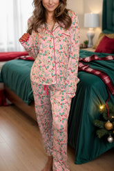 Printed Collared Neck Long Sleeve Top and Pants Lounge Set Blush Pink OutfitFlow