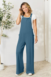 Double Take Full Size Wide Strap Overall with Pockets French Blue OutfitFlow