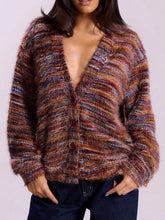 Chunky Knit V-Neck Button-Up Cardigan Deep Purple OutfitFlow