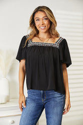 Honey Contrast Square Neck Puff Sleeve Blouse Black OutfitFlow