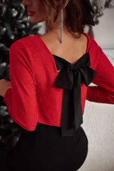 Bowknot V-Neck Long Sleeve Blouse Red OutfitFlow