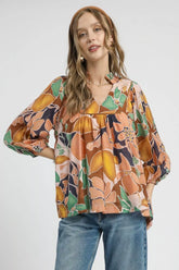Umgee Multicolor Abstract Floral Print Blouse with Ruffle Neck NAVY MIX OutfitFlow