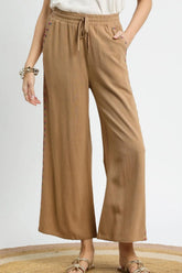 Umgee Wide Leg Drawstring Pants Camel OutfitFlow
