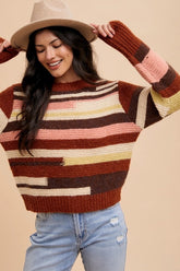 Annie Wear Color Block Round Neck Long Sleeve Sweater Chocolate Multicolor OutfitFlow