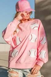 BiBi Sequin Baseball Patches French Terry Sweatshirt Lt Pink OutfitFlow
