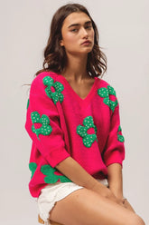 BiBi Pearl Beads Flowers Sweater Top FUCHSIA JADE OutfitFlow
